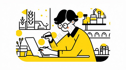 简约黄色框坐在办公桌前穿黄色衣服戴黑框眼睛的卡通人物插画