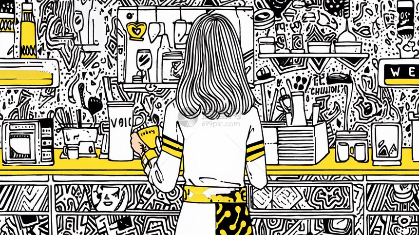 长发的卡通女人背影在厨房忙碌粗线条插画图片