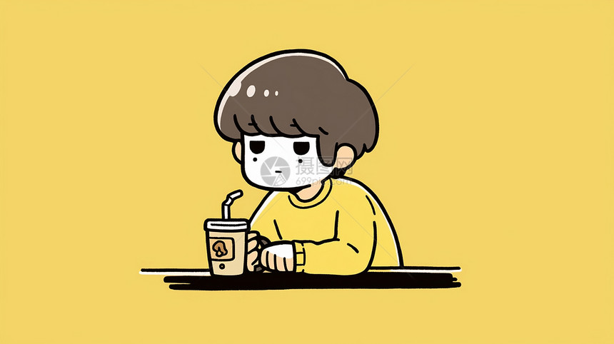 棕色短发呆萌可爱的卡通男孩在喝咖啡图片