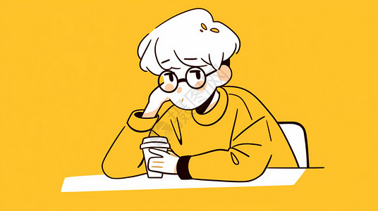 坐在桌子前喝咖啡手托着脸发呆的帅气卡通男孩高清图片