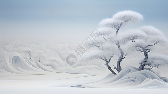 叠高高雪地中几棵高高白白的卡通古松树插画