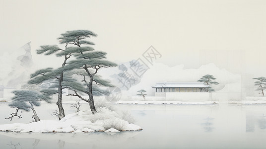 冬天湖中心小岛上几棵高大的古松树与湖边唯美的古建筑风景插画背景图片