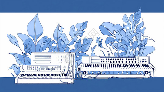 植物旁两个简约的卡通电子琴背景图片