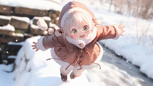 冬天才雪地中本版新挑起的卡通小女孩背景图片
