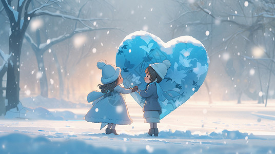 大雪中站在大大的蓝色爱心下的卡通好姐妹高清图片
