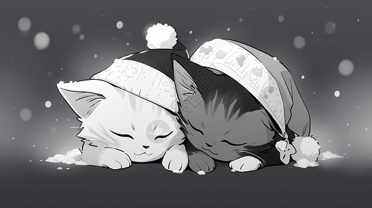 夜晚趴在一起睡觉的两只可爱的卡通小花猫戴着圣诞帽背景图片