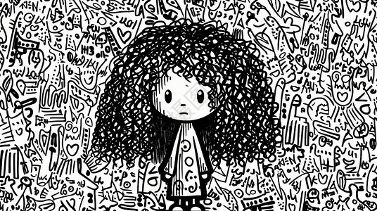蓬蓬长发可爱的涂鸦风卡通小女孩背景图片