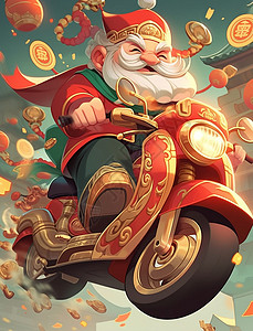 骑红色古风摩托车开心笑的白胡子卡通财神爷背景图片
