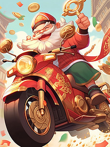 飞着财神喜庆开心笑的卡通财神爷在骑着摩托车插画