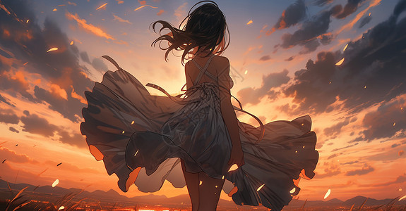 穿着大裙子在山坡上欣赏夕阳的卡通女孩背影背景图片