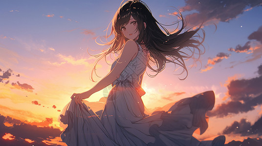 手提着白色裙子在夕阳下开心笑的卡通女孩背景图片