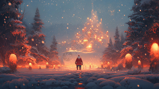 夜晚卡通圣诞老人背影走向远处高高的卡通城堡背景图片