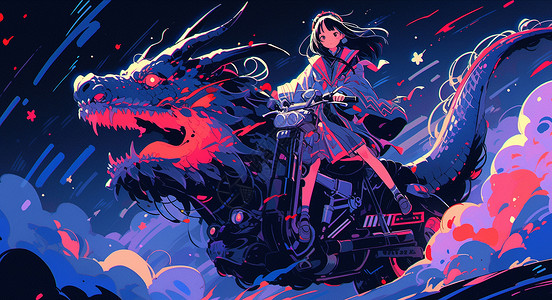 骑着摩托车的卡通女孩与飞龙背景图片