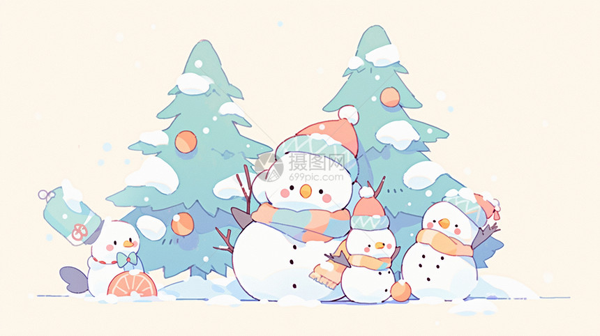 在圣诞树下几个可爱的卡通小雪人图片