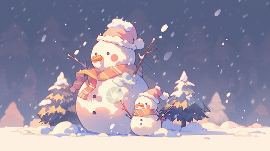 夜晚大雪中两个可爱的卡通小雪人背景图片