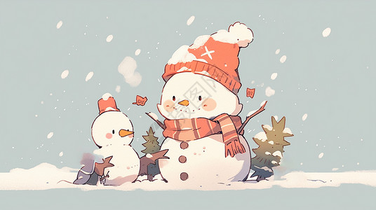 两个可爱的卡通小雪人在雪地中背景图片