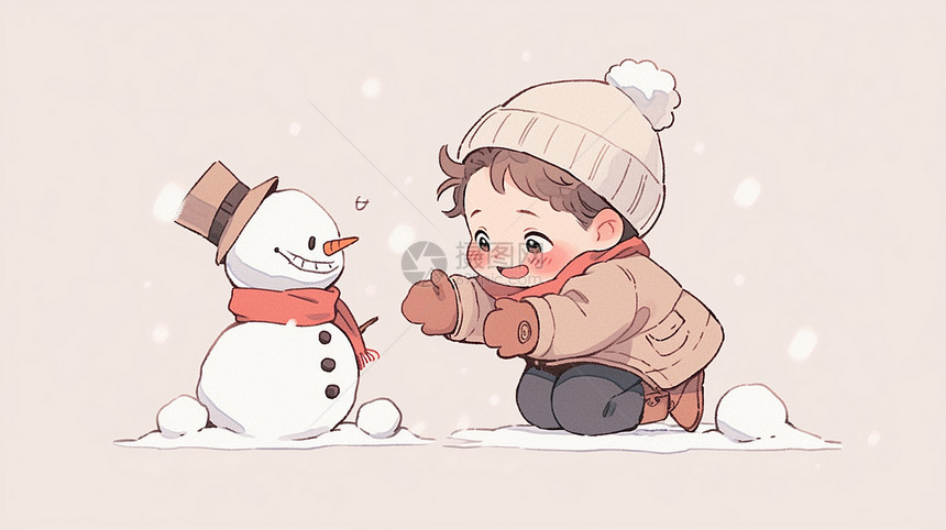 戴着米色帽子开心堆雪人的可爱卡通小朋友图片