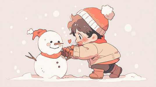 儿童堆雪人冬天大雪中围着红色围巾戴着红色帽子开心堆雪人的可爱卡通小男孩插画