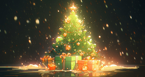 夜晚有很多卡通礼物放在圣诞树下高清图片