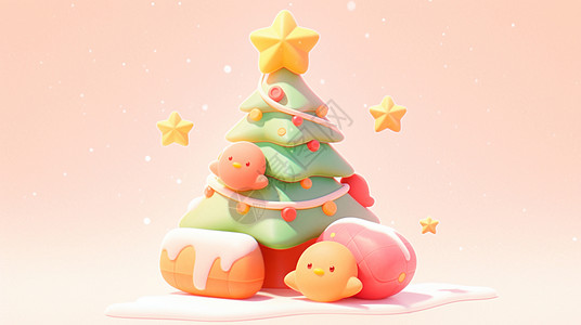 雪花飘落在树上可爱立体卡通圣诞树上顶着一颗大大的黄色星星插画