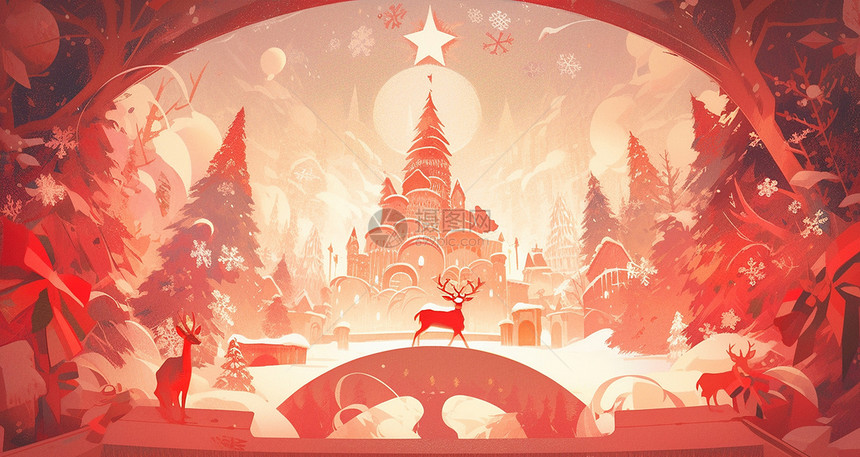 几只驯鹿与远处的卡通城堡红色喜庆的卡通圣诞节场景插画图片