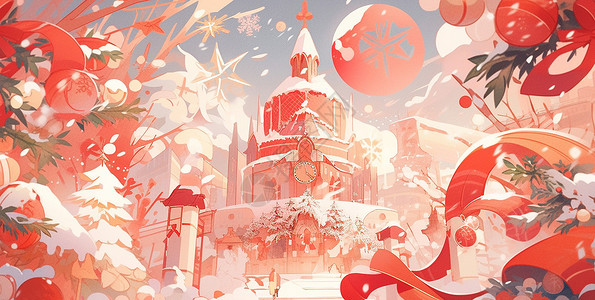 圣诞节日活动圣诞节大雪中喜庆梦幻的卡通城堡插画