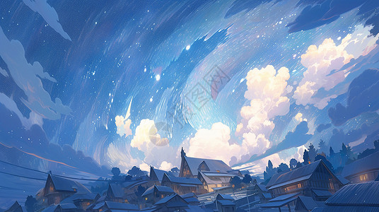 夜晚蓝色调魔幻高高的星空与小小的卡通村落背景图片