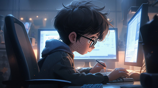 男青年休闲办公夜晚坐在工位前努力干活的卡通短发男青年插画