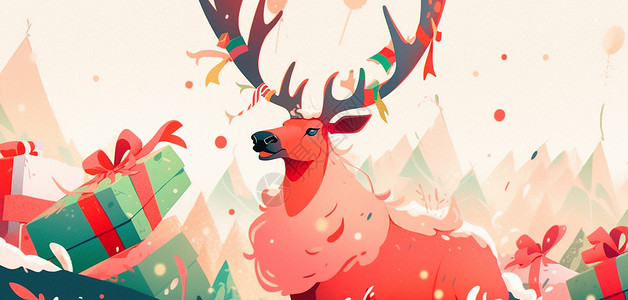 圣诞节站在很多礼物旁的漂亮卡通驯鹿背景图片