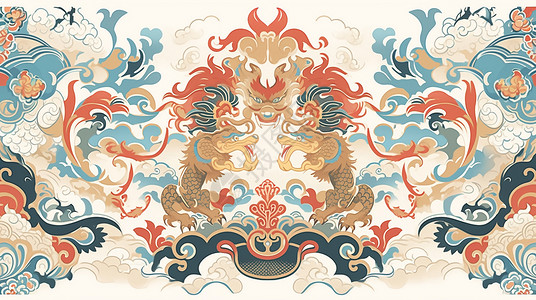 抽象龙素材复古中国风抽象卡通龙图案背景插画