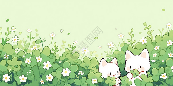 两只可爱卡通小白猫躲在植物中卡通背景背景图片
