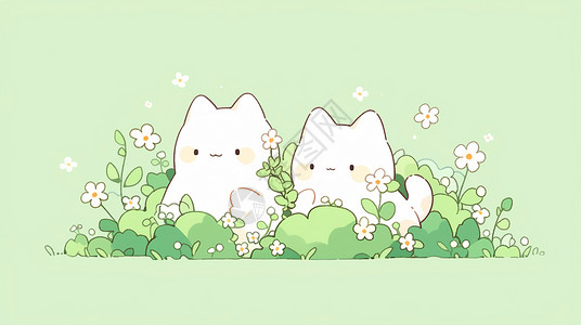 肥胖儿童两只肥胖卡通小白猫依偎在花丛中插画