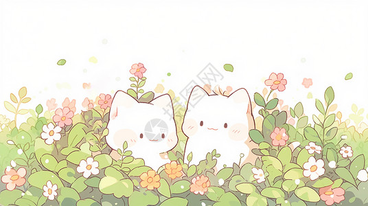 两只胖胖的卡通小白猫在花丛中微笑背景图片