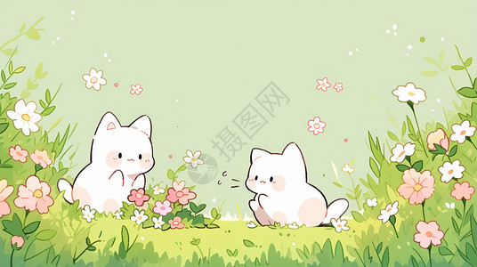 两只可爱的卡通小猫在花园中玩耍绿色调插画背景图片