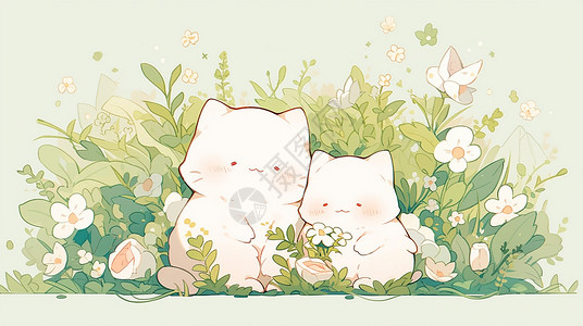 胖孩子两只可爱的卡通胖猫依偎在草丛中插画