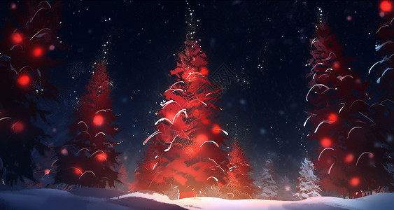 抽象传统节日雪后森林中梦幻抽象的卡通圣诞树插画