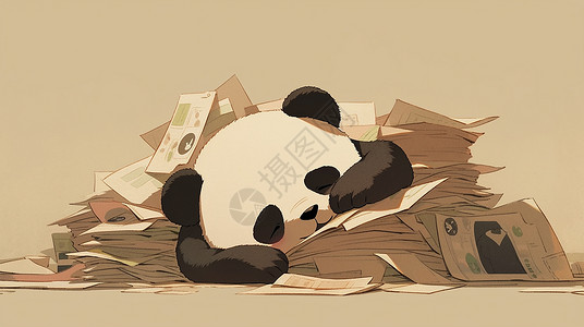 趴在报纸堆上酣睡的可爱卡通大熊猫高清图片