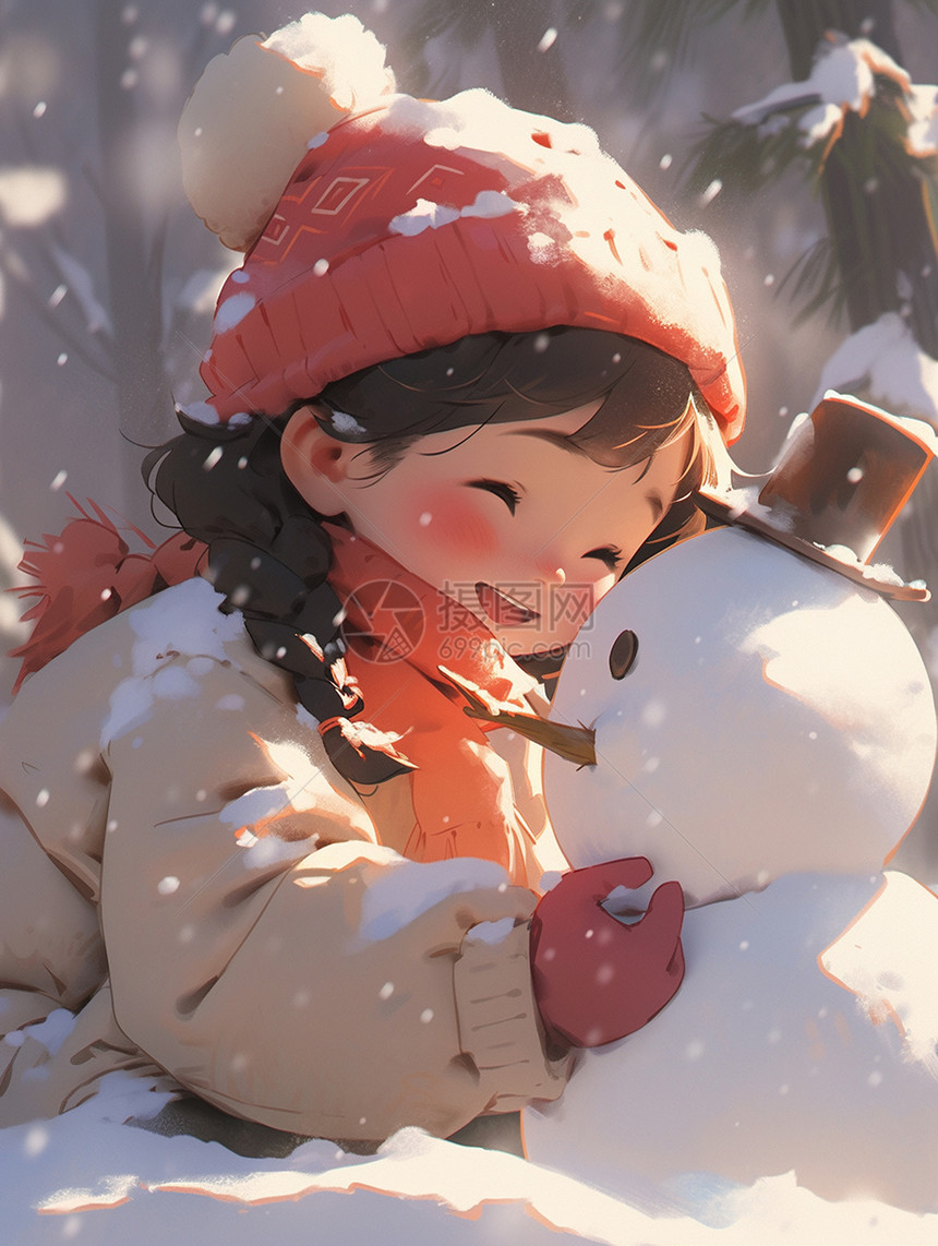 冬天大雪中开心堆雪人的卡通小女孩图片