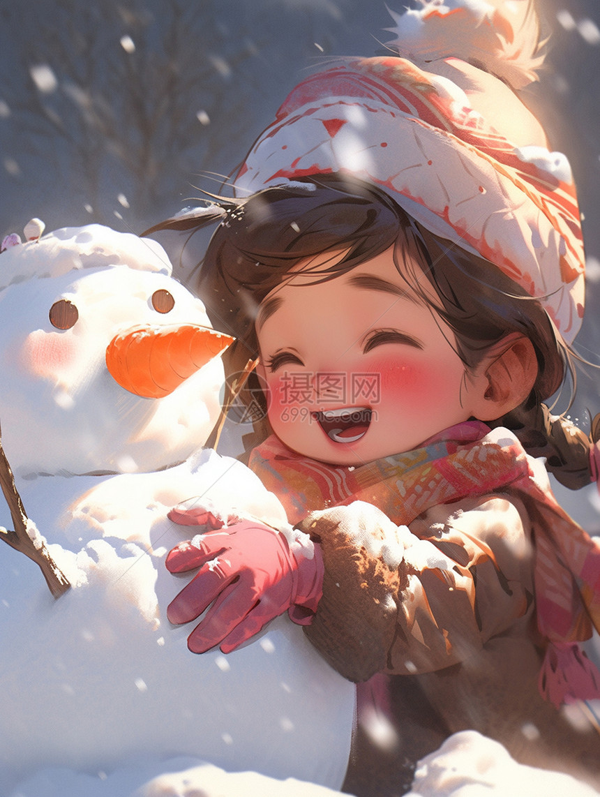 大雪中戴着红色手套开心堆雪人的可爱卡通小女孩图片