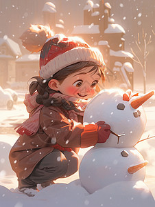 冬天大雪中蹲在雪地里开心堆雪人的卡通小女孩背景图片