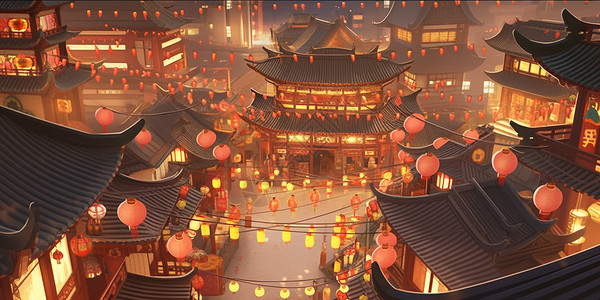 滨江商业街春节喜庆挂满红灯笼的古风卡通城市插画