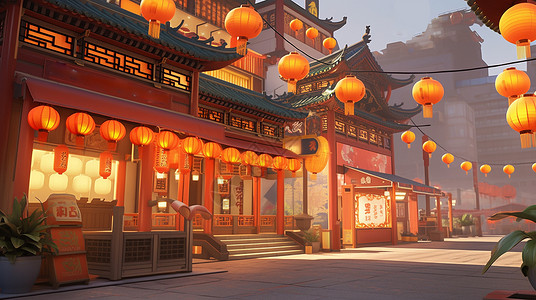 夜晚挂着一排红色喜庆的卡通灯笼的古风卡通建筑背景图片