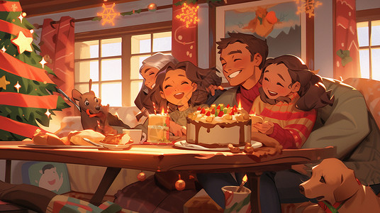 圣诞节餐一家人围在餐桌前吃晚餐开心笑插画