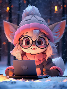 戴着眼镜和厚帽子的卡通猫女孩在电脑前工作背景图片