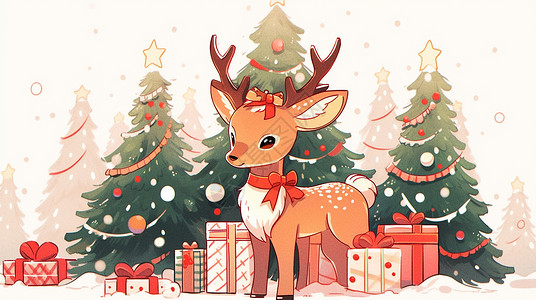 站在圣诞树前可爱的棕色卡通小驯鹿背景图片