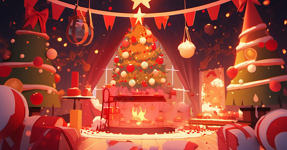 圣诞节房间内壁炉上一个小巧可爱的卡通圣诞树背景图片