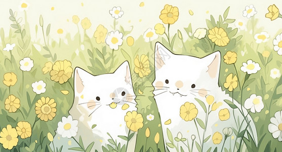 花丛中两只可爱的卡通小白猫背景图片