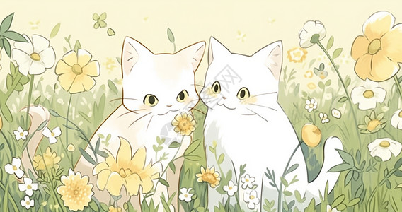 在黄色花丛中休息的两只可爱卡通小白猫背景图片