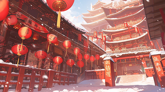 古风喜庆的卡通古建筑挂着很多红色灯笼背景图片