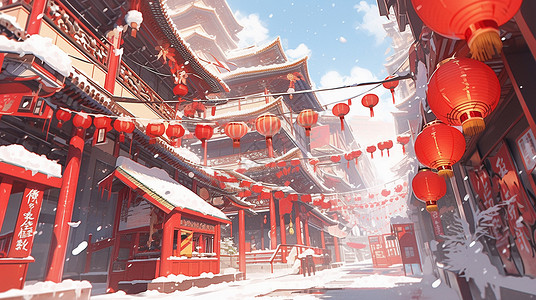 冬天大雪中挂着很多红灯笼的古风卡通建筑背景图片